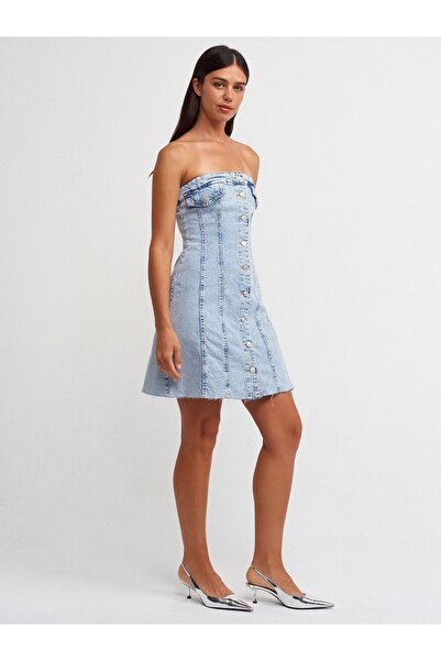 Dilvin 90524 Eteği Dikişsiz Kloş Denim Elbise-Mavi