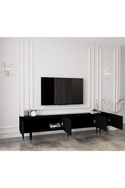 enwood Capella Country Siyah Mdf 5 Kapaklı Ahşap Ayaklı 200 Cm Tv Ünitesi