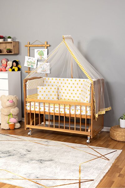Bamgidoo Ahşap Beşik Anne Yanı Beşik (Vernikli) 60x120 - Sarı Yıldız Tek Yast...