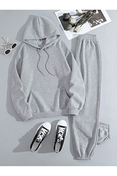 Trendglow Time Never Stops Tracksuit Set Sweatshirt Jogger - Gray Printed Oversize Hooded