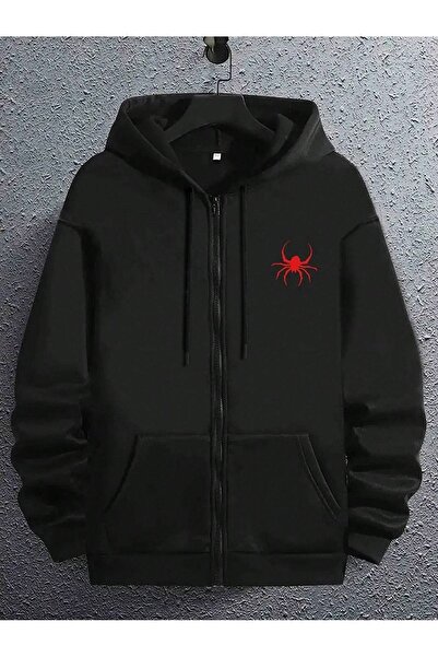 modaberry Spider Sweatshirt Zippered Cardigan - Black Printed Oversize Pocket...