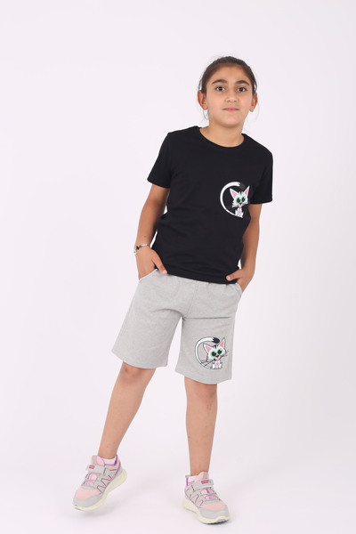 çiko kids Комплект от памук и долнище за момиче - с щампа на котка, кръгло де...