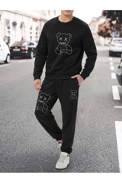 modaberry Teddy Bear Combination Bottom Top Σετ Φούτερ - Μαύρο εμπριμέ Oversize Λαστιχένιο πόδι Crew Neck