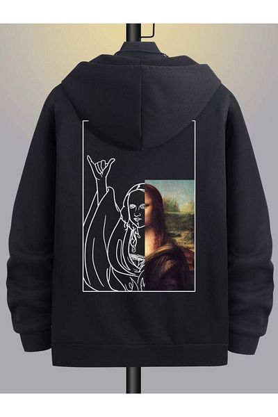 modaberry Ζακέτα Monalisa Design Μαύρη Oversize με κουκούλα - Χειμερινό φούτερ με φερμουάρ και τσέπες