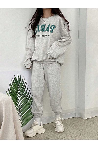 modaberry Σετ αθλητικής φόρμας Paris Letter Combination Bottom Top - Γκρι εμπριμέ Oversize Rubber Leg Crew Neck