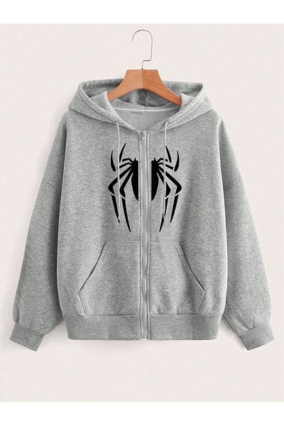 modaberry Spider Leg Sweatshirt Zippered Cardigan - Gray Printed Oversize Pocket Winter Hoodie