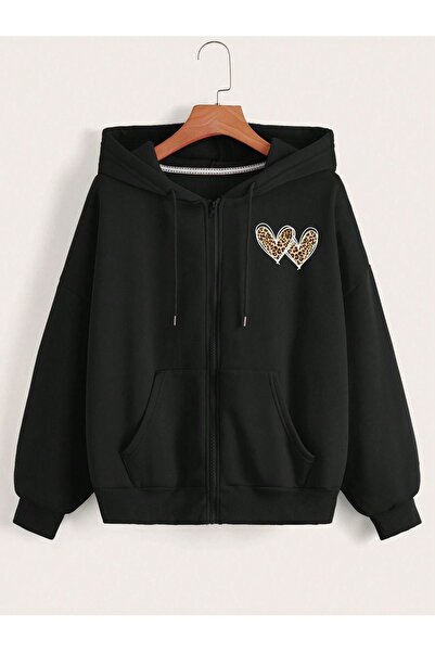 modaberry Суитшърт с цип и леопардов шарка, с щампа и сърца - черен, голям зи...