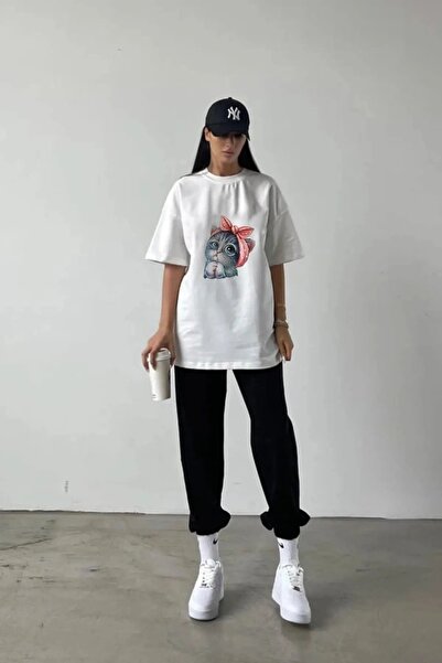 Trendglow Cat T-shirt Sweatpants Jogger - Λευκό Μαύρο Σετ Φούτερ με στάμπα Oversize Crew Neck