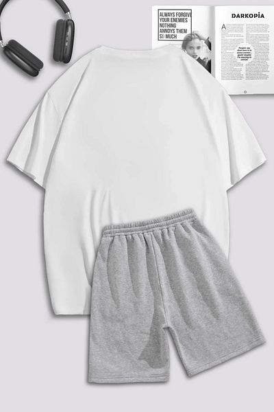 modaberry Σετ μπλουζάκι και σορτς Mcqueen Oversize - Λευκό Γκρι, Crew Neck
