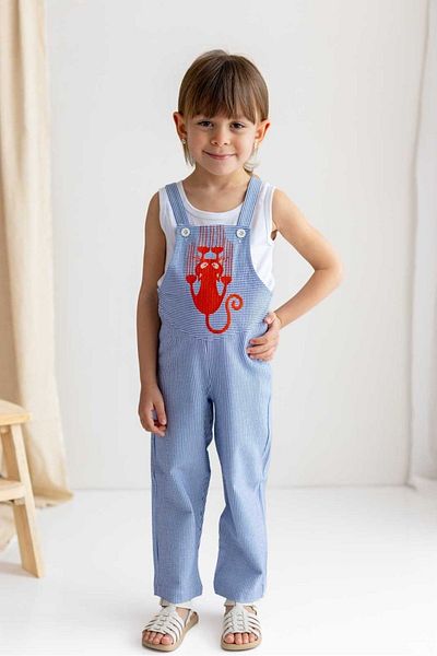 Oliven The Kid 100% Bumbac Gabardin Licra Albastru Alb Dungi Pisica Brodat Salopet Fata Copii
