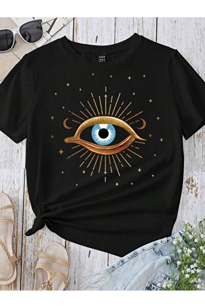 modaberry Crna Štampano Oversize kroj T-shirt - Kratki rukav, okrugla kragna