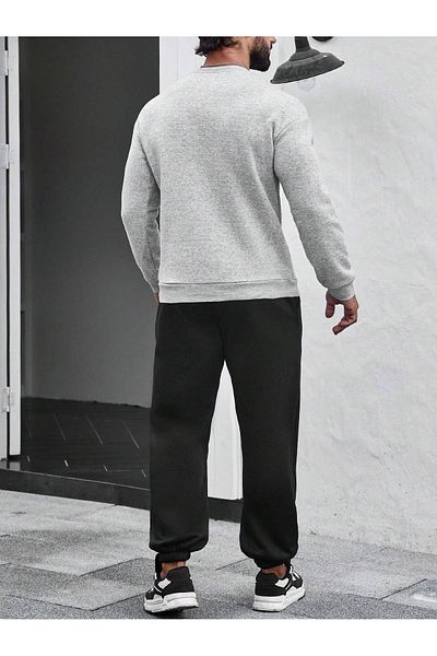 modaberry Σετ φόρμας Brooklyn Combination Bottom Top - Γκρι Μαύρο εμπριμέ Oversize Λαστιχένιο πόδι Crew Neck