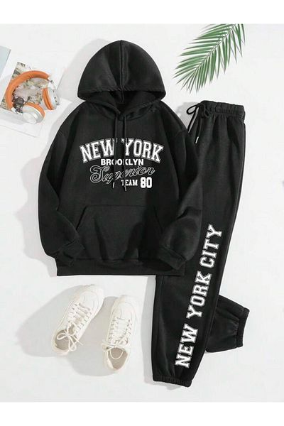 modaberry Σετ αθλητικής φόρμας New York City 80 Combination Bottom Top - Μαύρη στάμπα Oversize Λαστιχένια κουκούλα