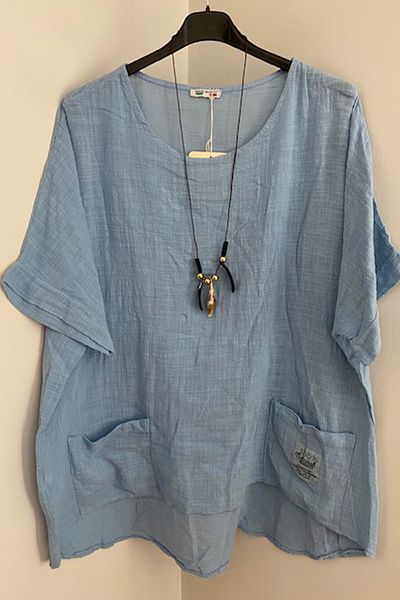 AYASOFYA OTANTIK Light Blue Oversize Loose Blouse - Italian Necklace, Bag Pocket, Short Sleeve