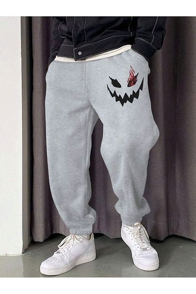 modaberry Flame Sneaky Face Sweatpants Jogger - Γκρι εμπριμέ ψηλόμεσο ελαστικό πόδι
