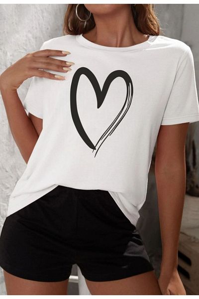 modaberry Μπλουζάκι Big Heart και σορτς - Λευκό μαύρο σορτς T-shirt στο κάτω μέρος Σετ φόρμας Oversize Crew Neck
