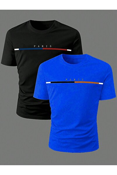 SeusCraft Set de 2 tricouri cu dungi colorate Paris - Negru Sax Blue, Oversiz...