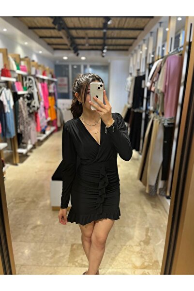 asse SİYAH KRUVAZE YAKA FIRFIR VE DRAPE DETAY ELBİSE
