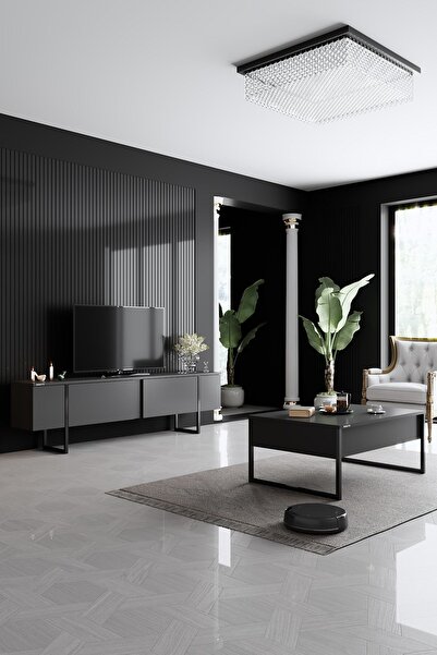 Modatte Luxe Siyah Demir Ayaklı Antrasit Orta Sehpa