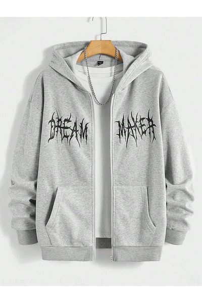 modaberry Dream Maker Text Sweatshirt Zippered Cardigan - Gray Printed Oversize Pocket Winter Hoodie