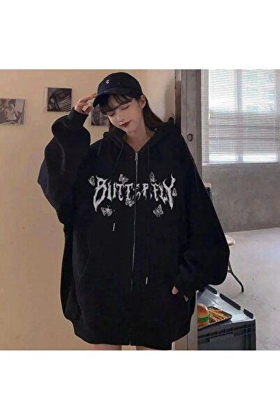 modaberry سترة صوفية بسحاب على شكل فراشة - سترة شتوية بجيب كبير مطبوع باللون ...