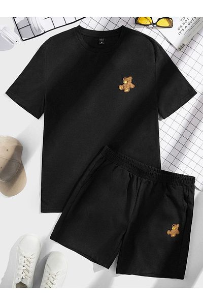 modaberry Teddy Bear Pattern T-Shirt Shorts - Black Shorts T-Shirt Top and Bottom Set Printed Crew Neck