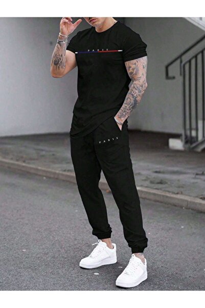 SeusCraft Paris Line T-Shirt Sweatpants Jogger - Μαύρο εμπριμέ σετ αθλητικής ...
