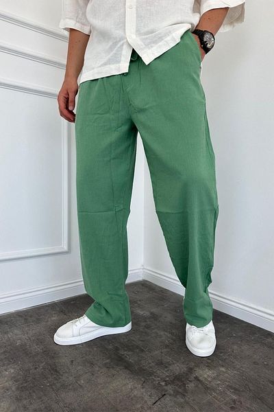 MADZEYMODA Green Wrinkled Fabric - Ανδρικό φαρδύ παντελόνι με φαρδιά εφαρμογή