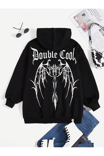 modaberry Hanorac Double Cool Wing Cardigan cu fermoar - Hanorac de iarnă cu buzunar supradimensionat cu imprimeu negru
