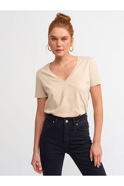 Dilvin Tricou de bază de damă bej cu decolteu în V