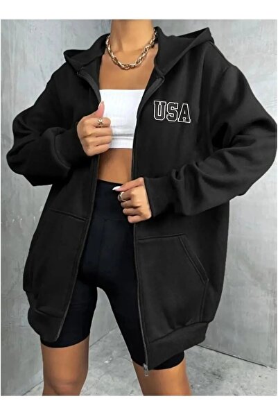 modaberry USA Logo Φούτερ Ζακέτα με φερμουάρ - Μαύρη στάμπα Oversize Winter H...