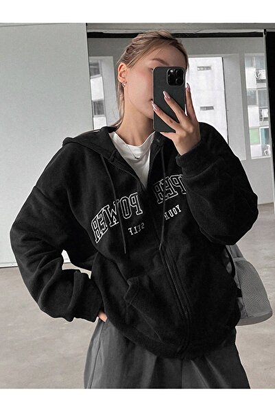 modaberry سترة سوبر باور بسحاب - غطاء رأس شتوي بجيب كبير مطبوع باللون الأسود