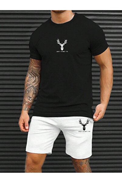 SeusCraft Σορτς Lucky Deer T-Shirt - Μαύρο και άσπρο ομαδικό σορτς με στάμπα ...