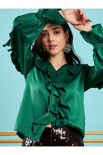 Sassafras By Styli Frill Detail Satin Top with Long Sleeves
