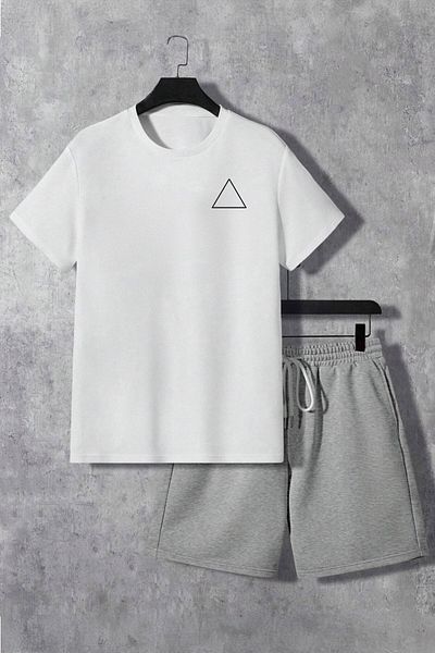modaberry Σορτς T-Shirt με λογότυπο Triangle - Μπλουζάκι με λευκό γκρι σορτς στο κάτω μέρος με στάμπα με λαιμόκοψη