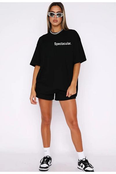 modaberry Φανταστικά. T-shirt και σορτς - Μαύρο σορτς T-shirt στο κάτω μέρος Σετ φόρμας Oversize Crew Neck