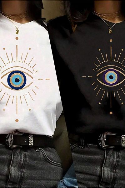 modaberry 2 Pack Evil Eye Beaded Eye T-Shirt - Black and White Printed Oversize Short Sleeve Crew Neck