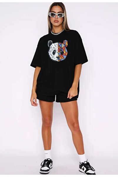 modaberry Panda T-shirt και σορτς - Μαύρο σορτς T-shirt στο κάτω μέρος Σετ φόρμας Oversize Crew Neck
