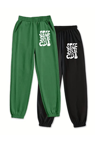 Trendglow 2 Πακέτα Φούτερ Self Love Jogger - Νεφτί Πράσινο Μαύρο Εμπριμέ Λαστιχένιο Πόδι Ψηλόμεσο Καλοκαιρινό