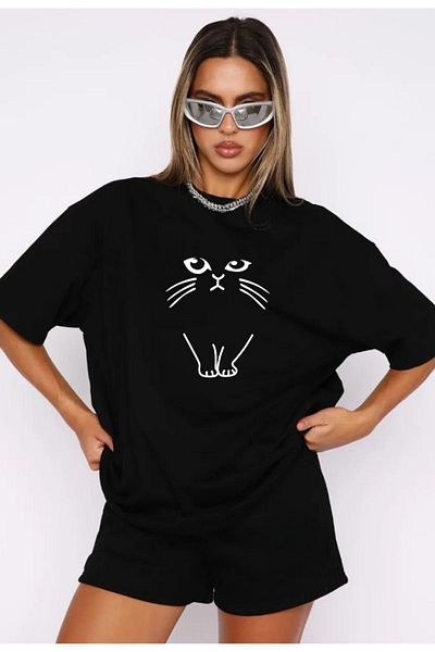 modaberry Μπλουζάκι και σορτς Cartoon Cat - Μαύρο σορτς T-shirt στο κάτω μέρος Σετ φόρμας Oversize Crew Neck