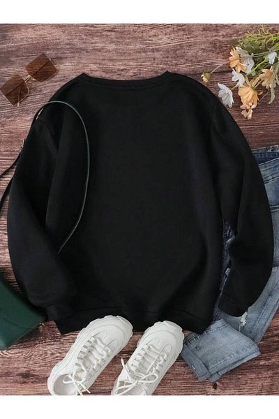 modaberry Dog Mom Paw Pattern Sweatshirt - Black Printed Oversize Thick Crew Neck