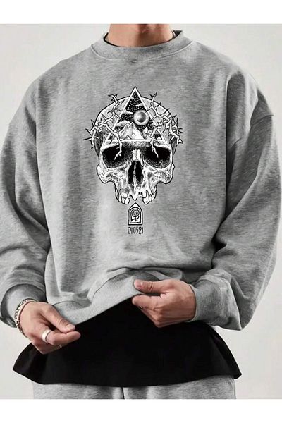modaberry Κρανίο 040521   - Γκρι φούτερ Oversize, Crew Neck