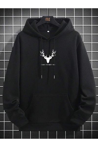 modaberry Hanorac Deer Minimal - Hanorac cu glugă gros și supradimensionat cu imprimeu negru