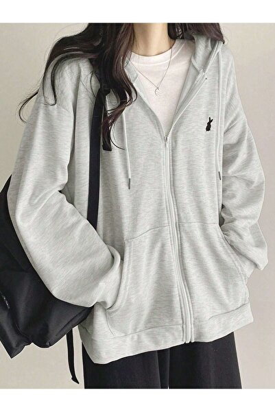 modaberry Світшот Tavşan Logo Minimal з блискавкою - сірий з принтом, оверсайз, з кишенями, з капюшоном, зимовий