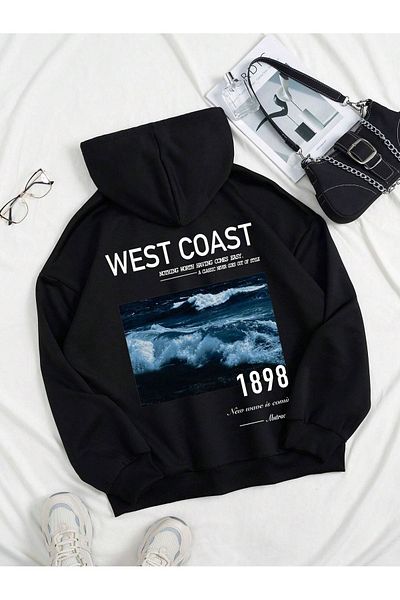 modaberry Hanorac Sea Wave 1898 - Negru Imprimat Oversize Gros Glugă