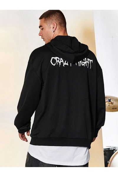 modaberry Crazy Night Sweatshirt Ζακέτα με φερμουάρ - Μαύρη στάμπα Oversize Winter Hoodie με τσέπες