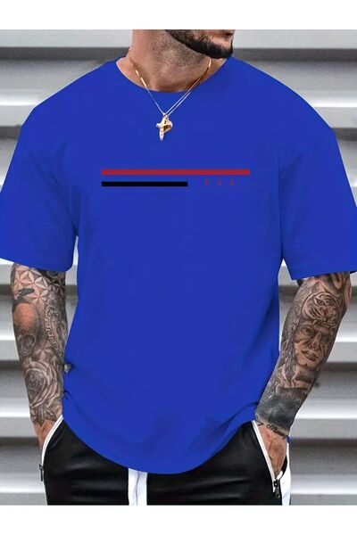 modaberry Sax Blue Štampano - Usa Double Stripe Ljeto Oversize kroj T-shirt o...