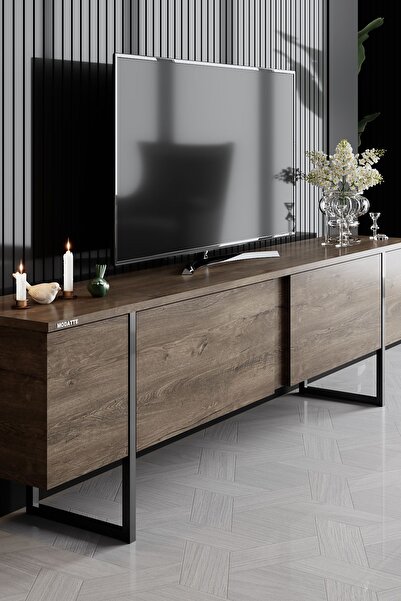 Modatte Luxe Siyah Demir Ayaklı Ceviz Tv Sehpası Tv Ünitesi