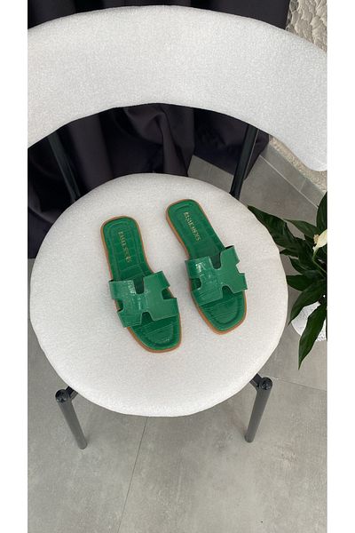 Basakshoes Green Patent Leather Hrms Women's Slippers - Suitable for Beach and Outdoor Home