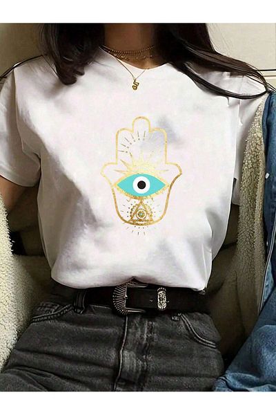 modaberry Tricou Hand Evil Eye - Imprimat alb cu mânecă scurtă și decolteu